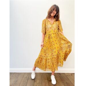 Leon & Harper Rhesus Bandana Midi Dress Floral Paisley Printed Smocked XS 224216